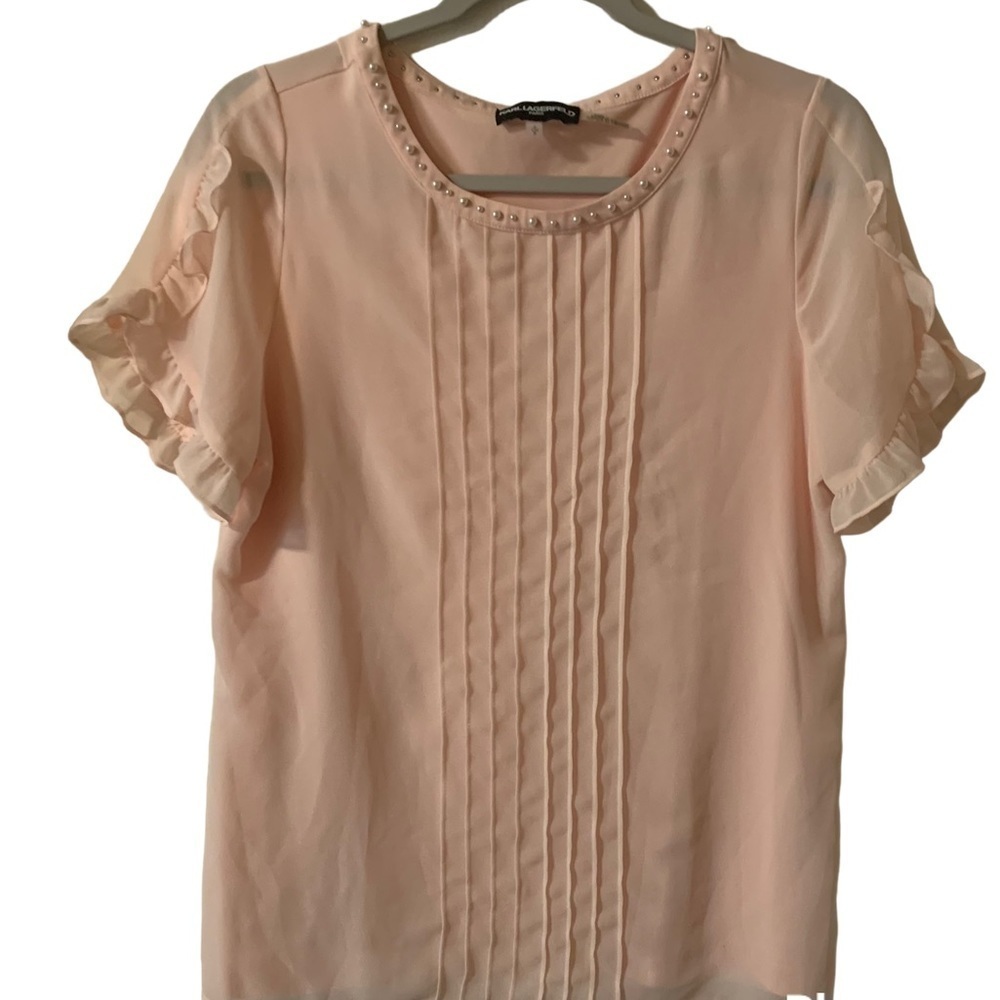 Karl Lagerfeld Paris Peach Pearl Pleated Ruffle Short Sleeve Top